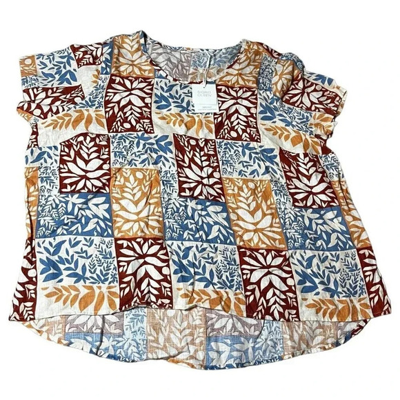 SIGRID OLSEN Top Floral Short Sleeve 100% Linen Sheer Orange Brown Blue Size 2X - Picture 1 of 6